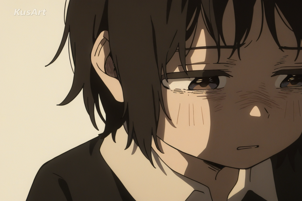 1girl, melancholic realism, subtle sad expression, downcast eyes, introspective mood, sad art, muted lighting, detailed face, high quality, masterpiece