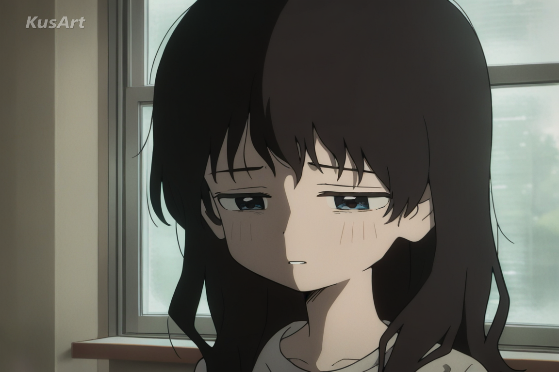 1girl, melancholic realism, soft diffused window light, sad anime portrait, gentle shadow, muted tones, quiet atmosphere, high quality, masterpiece