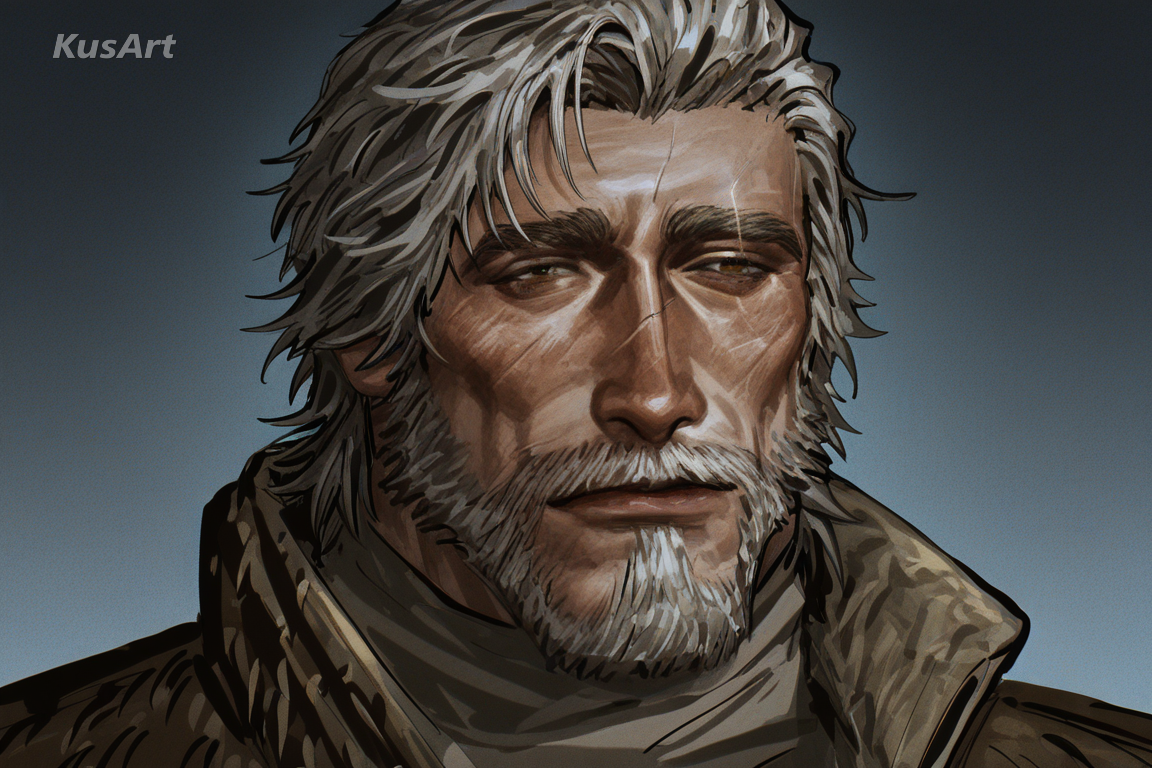 1man, grizzled game mentor, grit realism art, weathered face, greying beard, rugged clothing, realistic drawing, detailed portrait, high quality, masterpiece