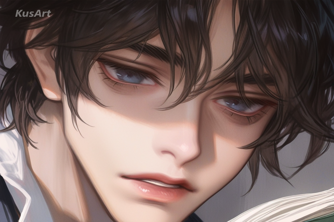 1boy, book cover illustration, semi-realistic male portrait, editorial anime art, dramatic soft lighting, detailed, painterly, high quality, masterpiece