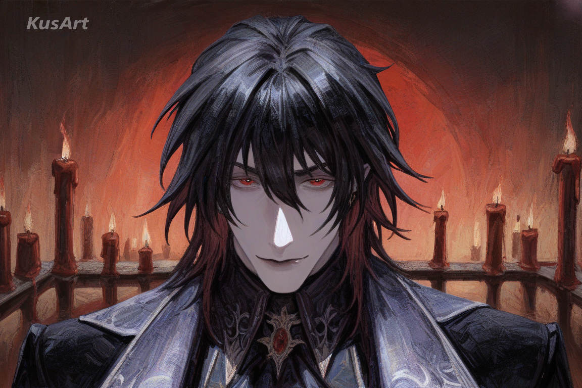 1boy, vampire lord, gothic art portrait, dark fantasy costume, oil painting texture, dramatic candlelit shadow, high quality, masterpiece