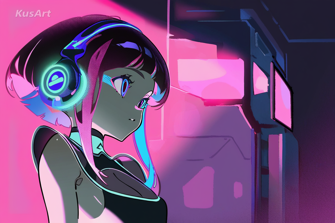 1girl, neo punk, bold neon contrast, electric pink and cyan lighting, dark background, cyberpunk art, high quality, masterpiece