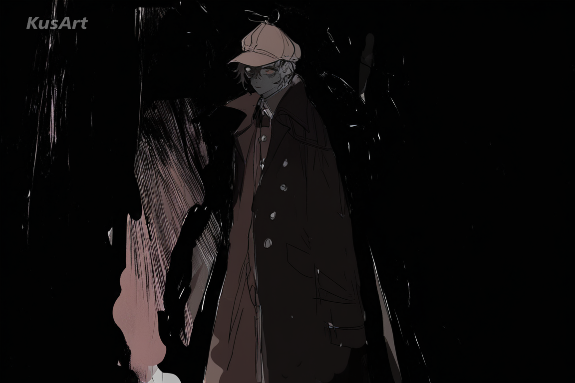 1boy, detective character, film noir inspired sketch art, trench coat, moody shadow lighting, dark atmosphere, high quality, masterpiece