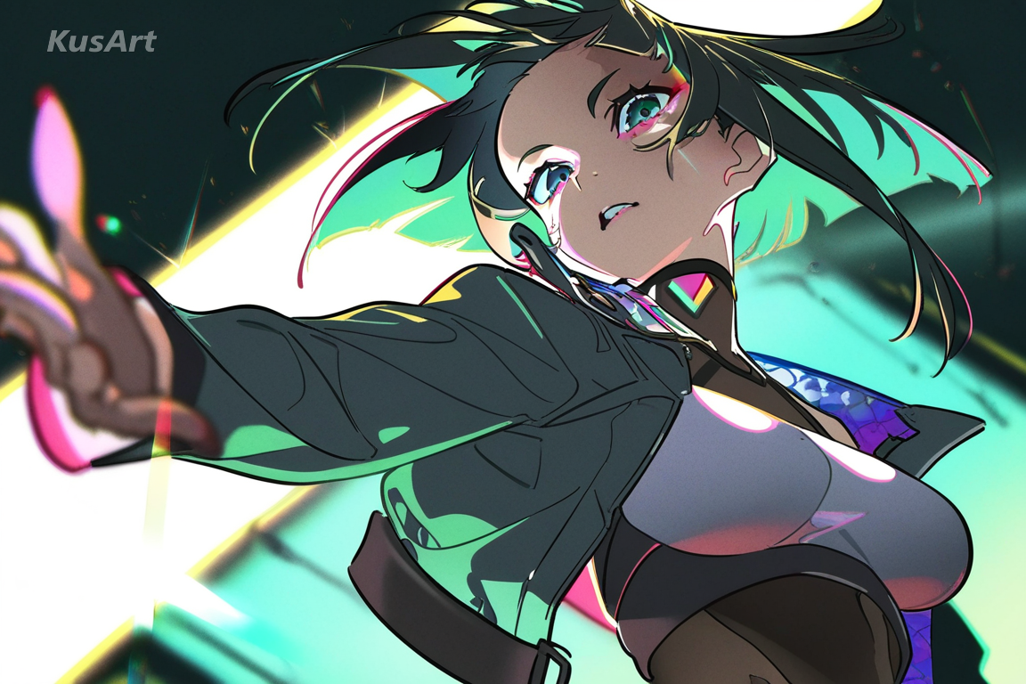 1girl, neo punk, confident defiant pose, cyberpunk aesthetic, sharp lighting, edgy attitude, high quality, masterpiece