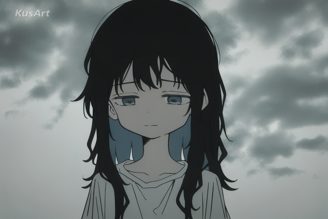 1girl, melancholic realism, muted grey-blue color palette, desaturated tones, sad drawing, soft overcast lighting, quiet mood, high quality, masterpiece
