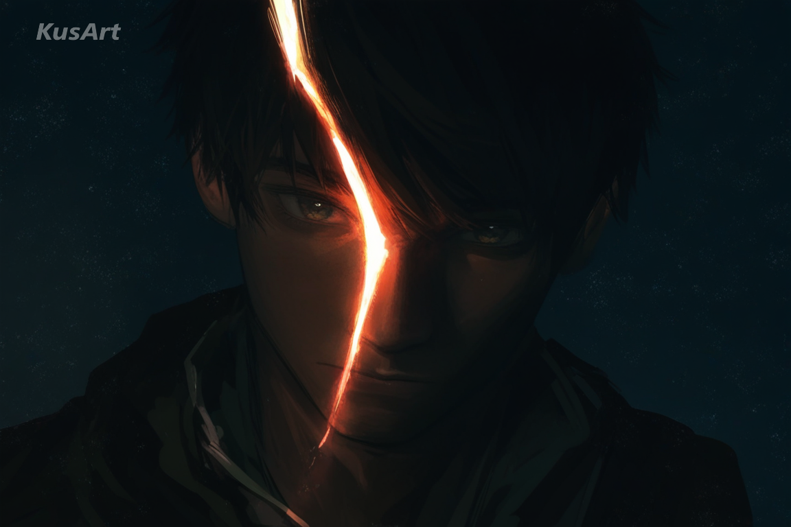 1boy, dramatic rim lighting, glowing edge light, cinematic photography inspired portrait, painterly illustration, high quality, masterpiece