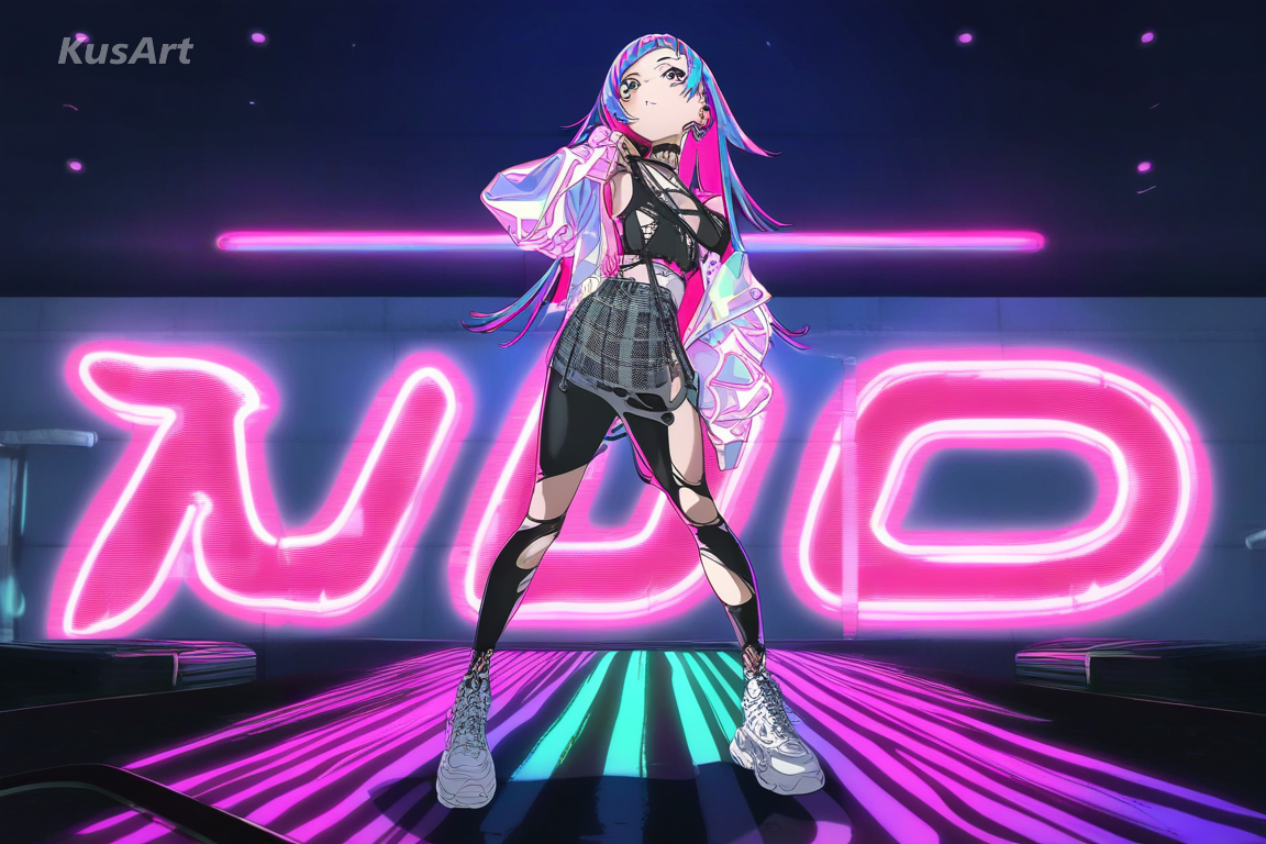 1girl, music cover art, neo punk, punk aesthetic, neon lighting, edgy fashion, bold graphic style, high quality, masterpiece