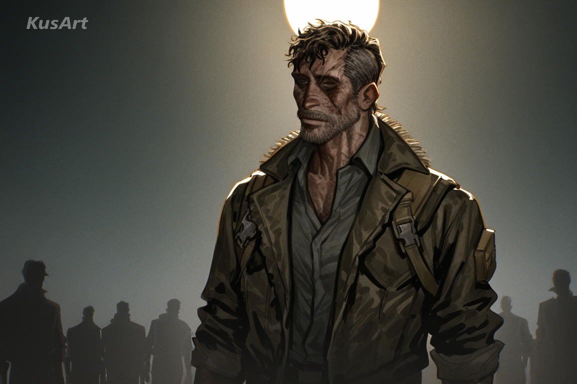 1man, post-apocalyptic survivor, grit realism art, scarred weathered face, sun-damaged skin, rugged gear, realistic art, gritty lighting, high quality, masterpiece