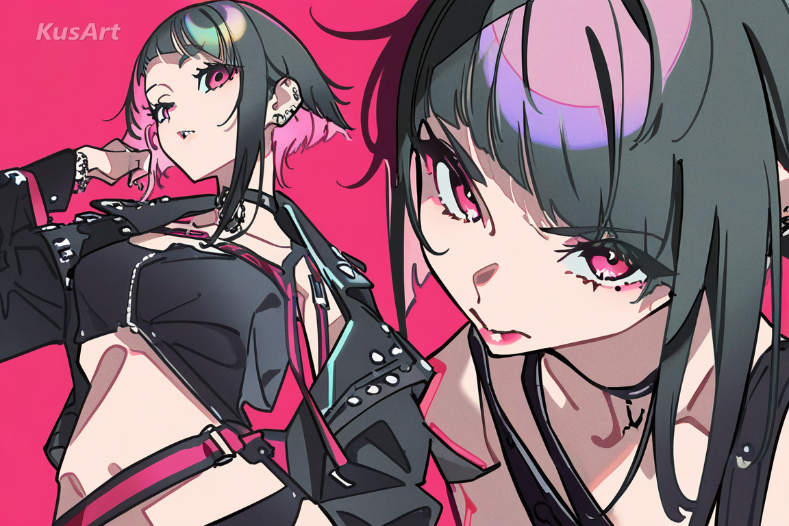 1girl, neo punk, edgy fashion, studded jacket, harness, asymmetric outfit, punk style character, high quality, masterpiece