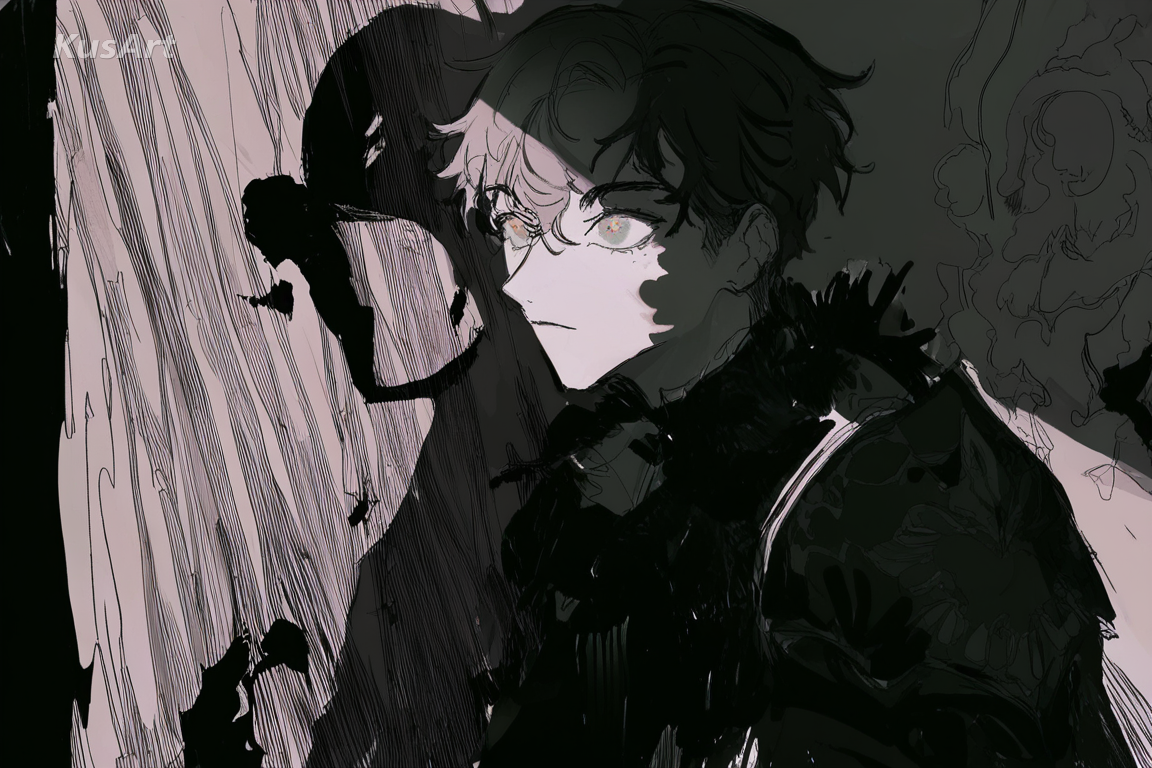 1boy, brooding original character portrait, dark art, sketch drawing, heavy shadow, film noir inspired mood, high quality, masterpiece