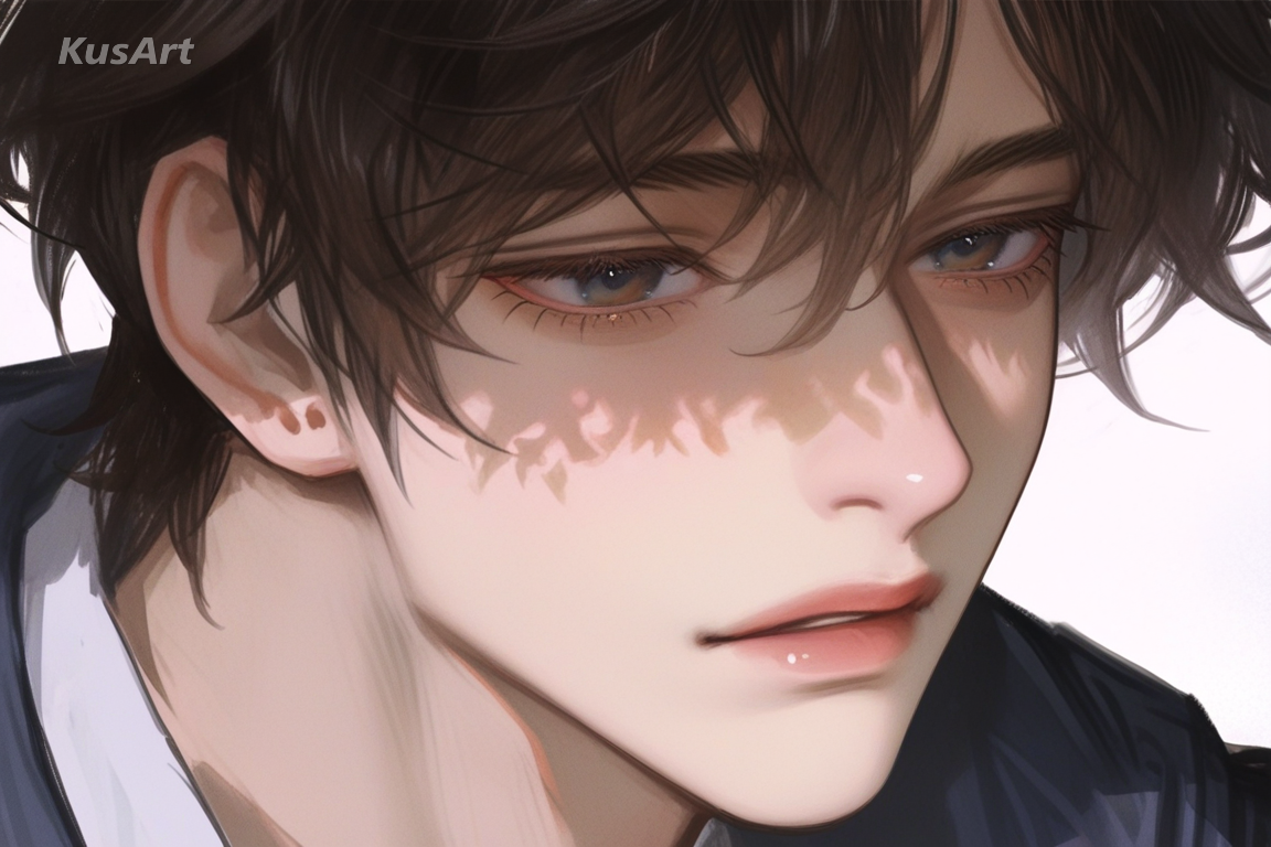 1boy, soft realistic anime portrait, delicate brushstroke shading, gentle blended jawline, warm skin tone, close-up face, painterly digital illustration, natural lighting, high quality, masterpiece