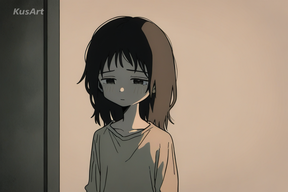 1girl, original character, melancholic realism, solitary scene, sad drawing, muted palette, soft lighting, quiet mood, high quality, masterpiece