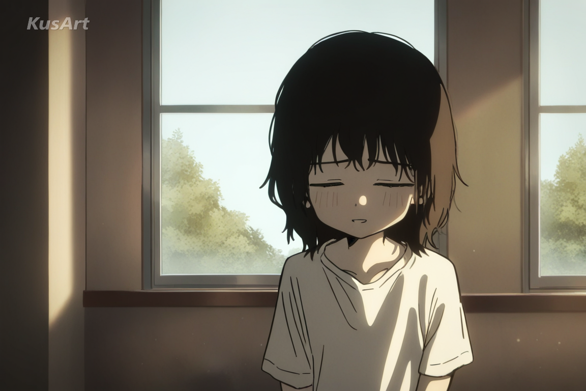 1girl, emotional story illustration, melancholic realism, sad drawing, muted tones, soft window light, narrative mood, high quality, masterpiece