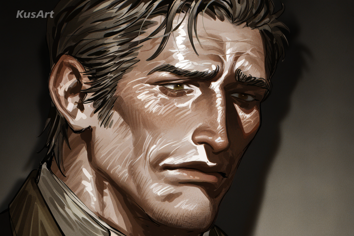 1man, grit realism art, deep facial wrinkles, furrowed brow, heavy creases, aged weathered skin, realistic drawing, close-up portrait, high quality, masterpiece