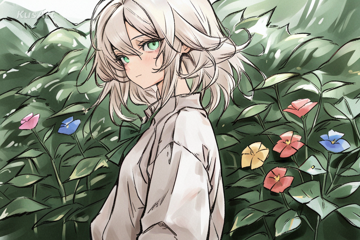 1girl, botanical character art, surrounded by watercolor flowers, nature theme, soft painterly style, high quality, masterpiece