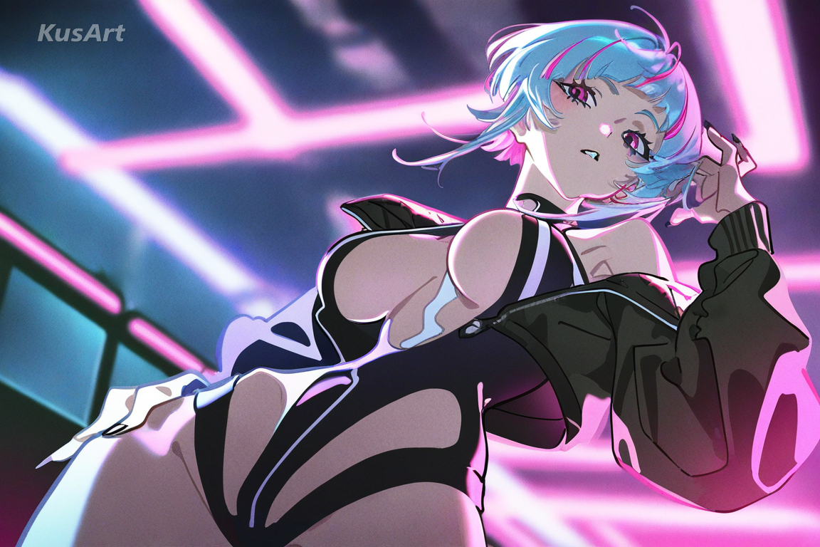 1girl, cyberpunk street character, neo punk, neon lighting, edgy fashion, sharp linework, high quality, masterpiece