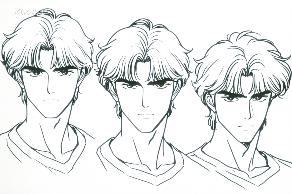 1boy, 90s anime linework, sharp confident lines, detailed hair strands, artbook character sheet style, retro anime, high quality, masterpiece