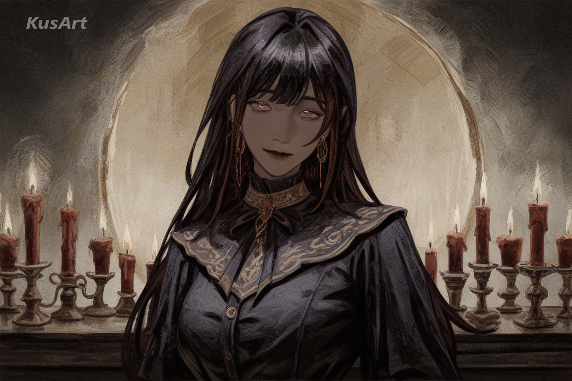 1girl, deep burgundy and black color palette, gothic art painting, muted gold accents, aristocratic costume, candlelit mood, high quality, masterpiece