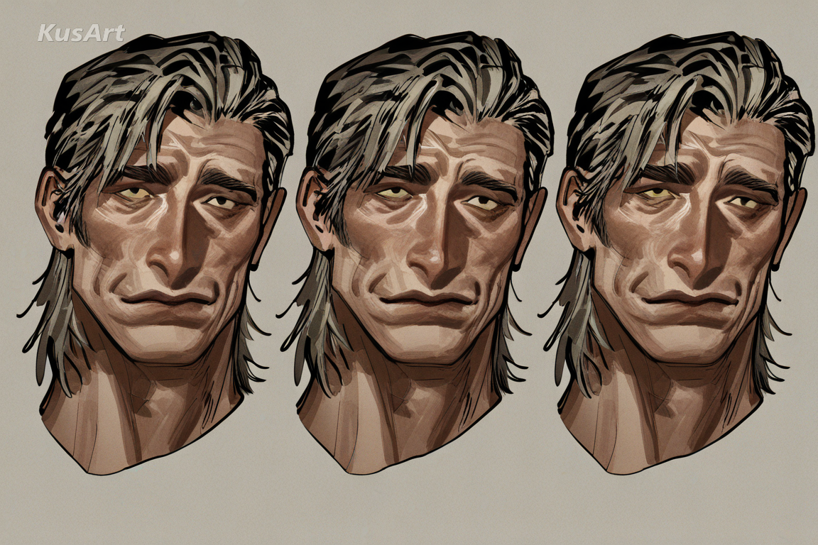 1man, mature original character, grit realism art, weathered features, deep wrinkles, realistic drawing, character sheet portrait, high quality, masterpiece