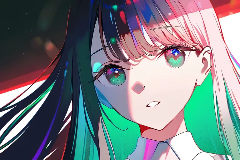 1girl, iridescent hair highlights, color-shifting surface, prismatic light anime, holographic material effect, pink to blue to green shift, rainbow highlights, shimmering anime