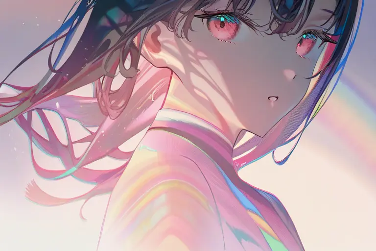 1girl, surrounded by rainbow particles, prismatic light anime, spectral atmosphere, floating prismatic particles, rainbow gradient background, shimmering air effect, magical anime