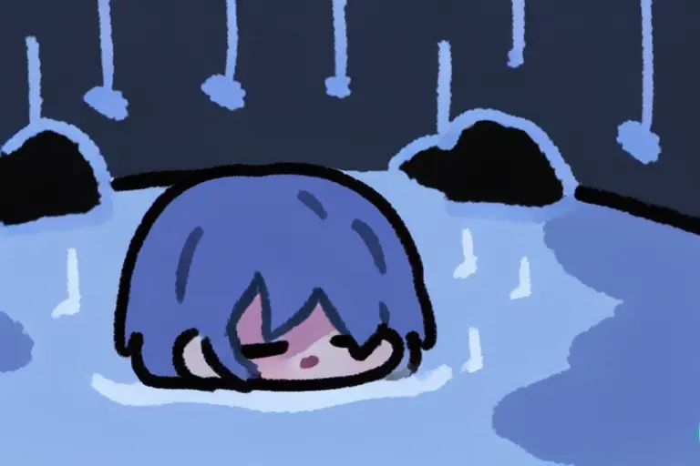 1girl, chibi, rainy day scene with umbrella, chibi scene, atmospheric mood, cool blue tones, rain effects, mood lighting, weather atmosphere, storytelling anime illustration