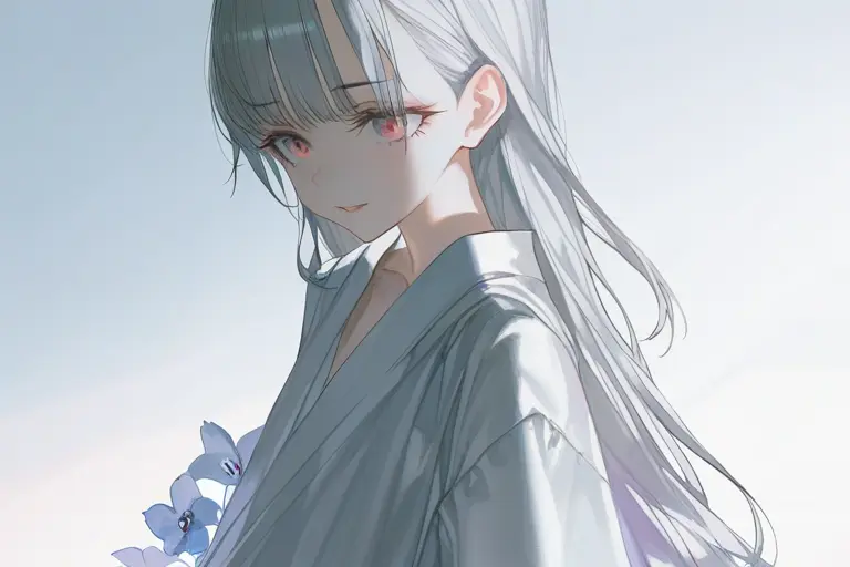 1girl, minimal composition, abundant white space, soft delicate style, clean layout, subtle details, small flower accessory, gentle expression, elegant anime illustration