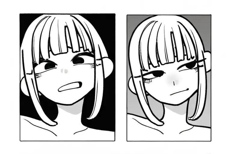 1girl, dramatic portrait, monochrome manga, high contrast face, emotional expression, bold inking, character study, black and white manga portrait