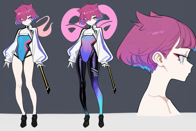 1girl, full body character design, detailed outfit, glossy sharp finish, clear detail visibility, sharp color separation, character showcase, anime design sheet