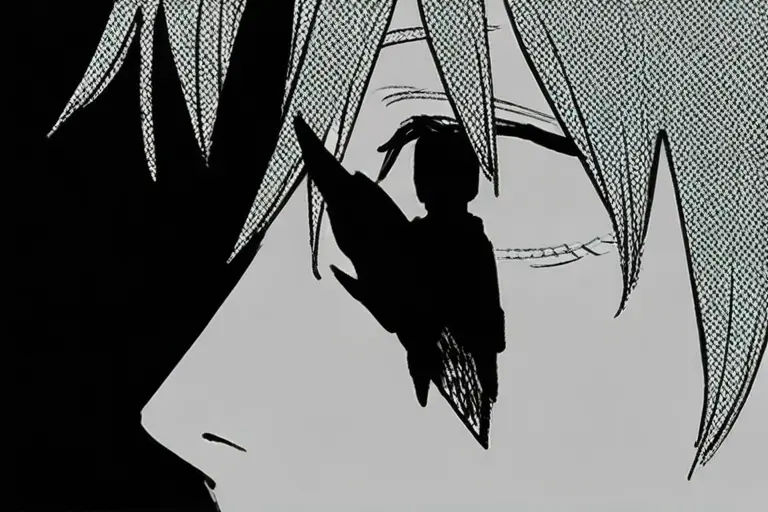 1girl, dramatic shadows, heavy black areas, chainsaw man manga, stark black white contrast, bold graphic impact, minimal screentone, high contrast manga, intense art