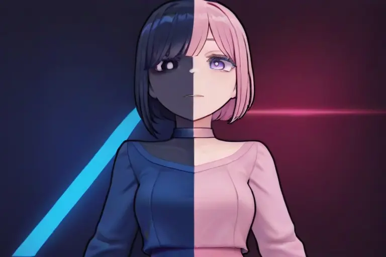 1girl, pastel outfit, dark background elements, MiSide style, soft pink and white palette, contrasting dark shadows, beauty with mystery, atmospheric color contrast, anime