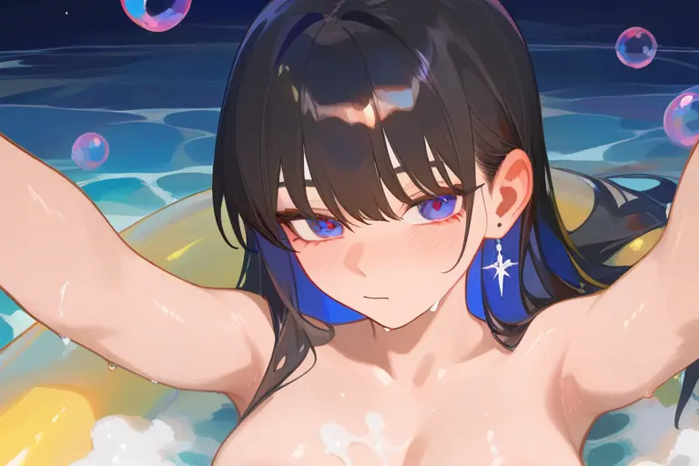 1girl, long black hair with oil-slick shimmer, hidden tone iridescent anime, rainbow on dark surface, iridescent black hair, soap bubble colors, subtle shimmer, mysterious anime