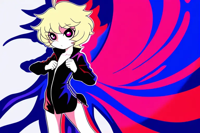 1girl, vibrant outfit, bold saturated colors, glossy sharp finish, deep blacks and vivid reds, electric blue accents, high saturation, intense anime illustration