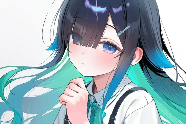 1girl, flowing gradient hair from pink to blue, seamless color transitions, glossy smooth style, soft shading, dreamy palette, luminous colors, gentle anime art