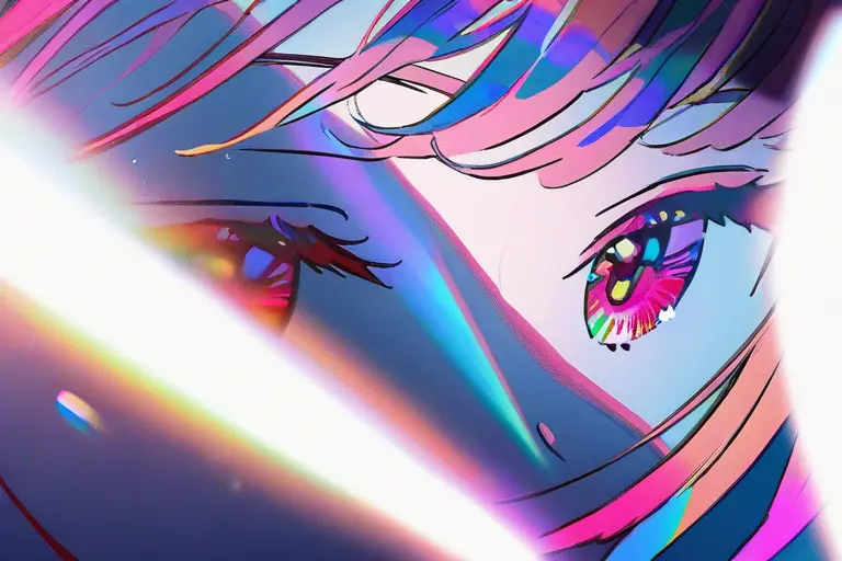1girl, rainbow light crossing face, prismatic light anime, visible spectrum refraction, light split effect, rainbow on skin, crystal light bending, spectral colors, dazzling anime