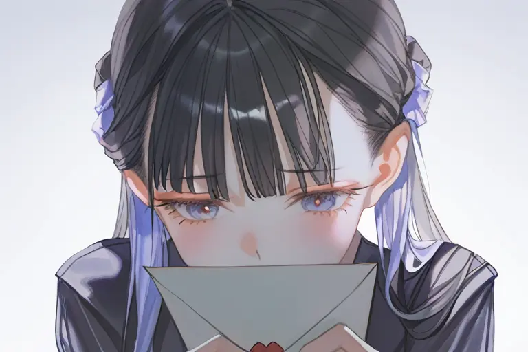 1girl, holding letter, blushing, soft delicate style, shoujo manga aesthetic, pastel tones, gentle emotion, romantic atmosphere, tender anime illustration