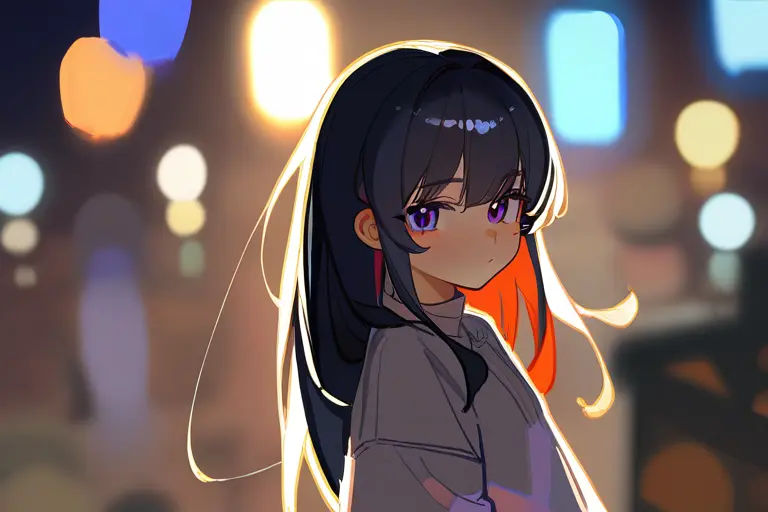 1girl, shallow depth of field, sharp glossy foreground subject, soft painterly bokeh background, cinematic composition, dramatic side lighting, city lights background blurred, anime style, upper body