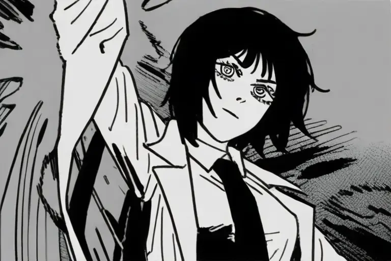 1girl, dynamic unconventional angle, chainsaw man manga, chaotic composition, off-center subject, unusual perspective, barely controlled layout, unpredictable energy, manga