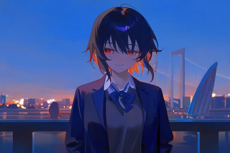 1girl, twilight scene, atmospheric mood, hidden tone iridescent anime, night scene with hidden colors, emotional depth, moody atmosphere, atmospheric anime illustration