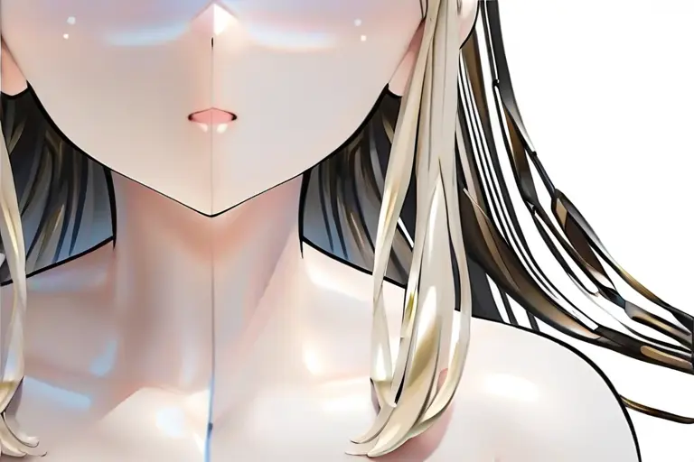 1girl, detailed skin highlights, glossy skin render anime, specular reflections on nose and cheeks, collarbone light catch, precise rendering, glossy dimensional effect, figure anime