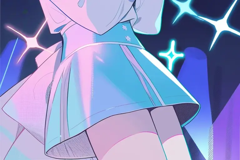 1girl, idol outfit, stage lighting, glossy smooth style, dreamy glow, soft colors, romantic atmosphere, sparkle effects, anime idol illustration