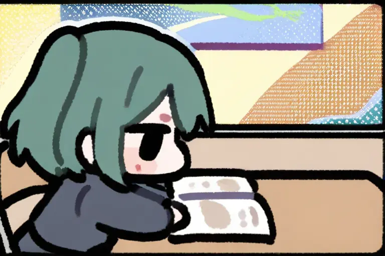 1girl, chibi, reading at detailed desk, chibi scene, narrative composition, character interacting with environment, storytelling layout, meaningful scene, cute anime illustration