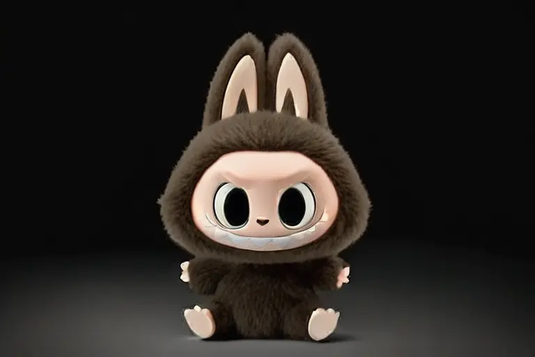 1girl, labubu style, mischievous grin, sharp teeth smile, playful expression, pointed ears, naughty cute look, designer toy face, charming character, collectible art