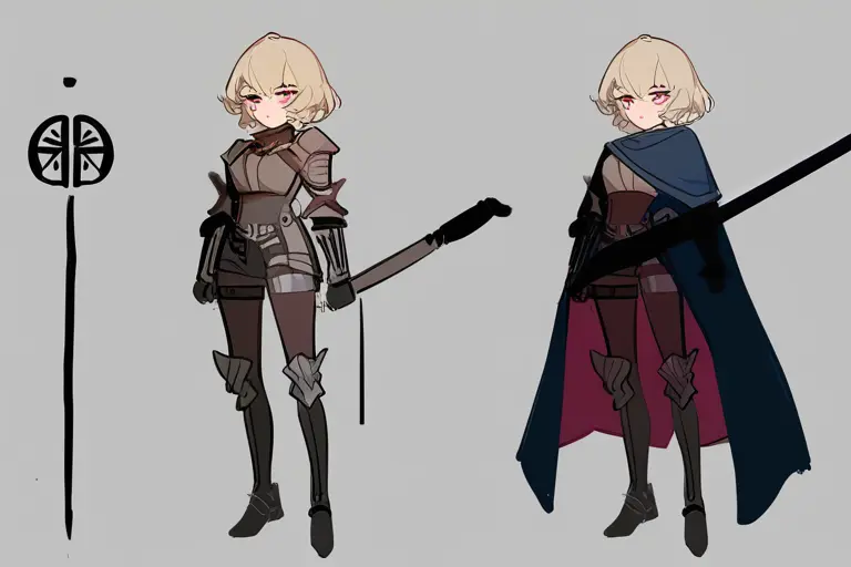 1girl, character key visual, dramatic pose, glossy detailed armor with painterly cape texture, wind-blown hair, epic fantasy background with visible brush strokes, cinematic lighting, full body, anime style