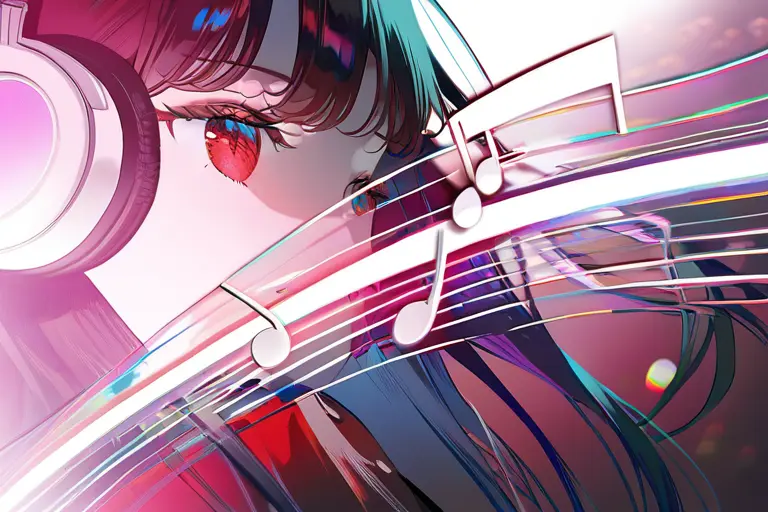 1girl, musical theme, headphones, prismatic light anime, album cover composition, spectral visual music, rainbow sound waves, artistic music visual, anime album art