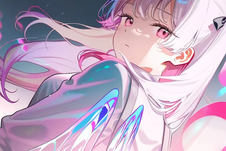 1girl, magical girl, crystal staff, prismatic light anime, rainbow magical aura, iridescent wings, spectral energy, fantasy character, enchanting anime illustration