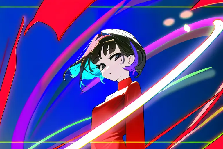 1girl, vibrant saturated colors, bright red dress, deep blue background, electric purple accents, anime style, polished rendering, vivid color harmony, detailed, high quality