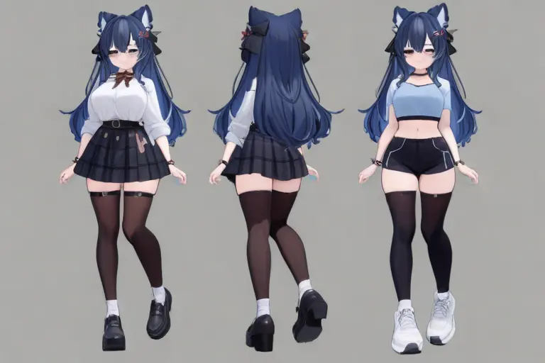 1girl, avatar concept design, VRChat style, reference art quality, VR avatar planning, character design concept, multiple angle suggestion, anime VR character