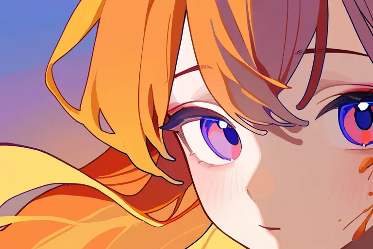 1girl, rich color blending, warm-to-cool gradient transition, sunset palette, orange and purple tones, smooth color flow on skin and hair, glossy eyes, painterly sky background, anime style, portrait