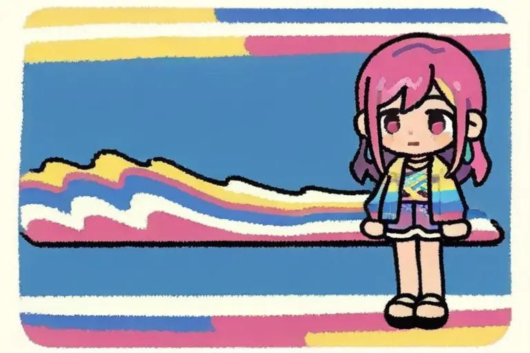 1girl, colorful outfit, casual color fills, rough outline cartoon, slightly off-register colors, color past outlines, textured application, charming imprecision, cartoon art